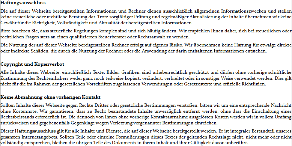 Steuersatz-Tabelle-Haftung-Ausschluss